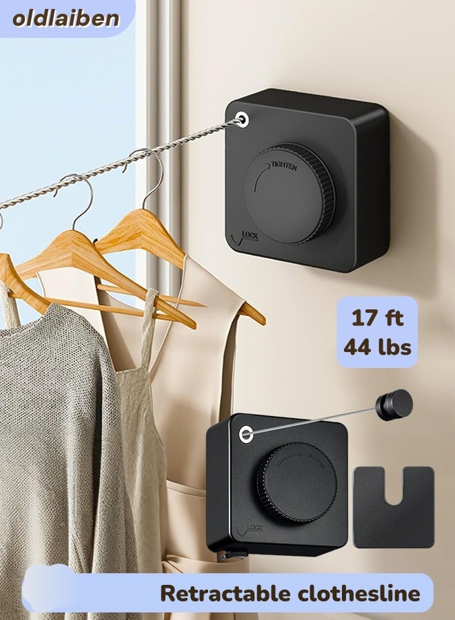 الدليبن حبل غسيل قابل للسحب، حبل غسيل يُثبّت على الحائط، حبل غسيل من الفولاذ المقاوم للصدأ بطول 5.2 متر (17 قدمًا) بتصميم متين يُثبّت على الحائط، يصل طوله إلى 5.2 متر، رف تجفيف موفر للمساحة لغرفة المعيشة، الشرفة، غرفة النوم، أو للاستخدام الخارجي (أسود) - Image 1